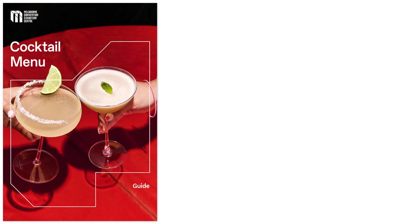 Cover image of the MCEC cocktail menu. Two cocktail glasses are displayed on the red cover. 