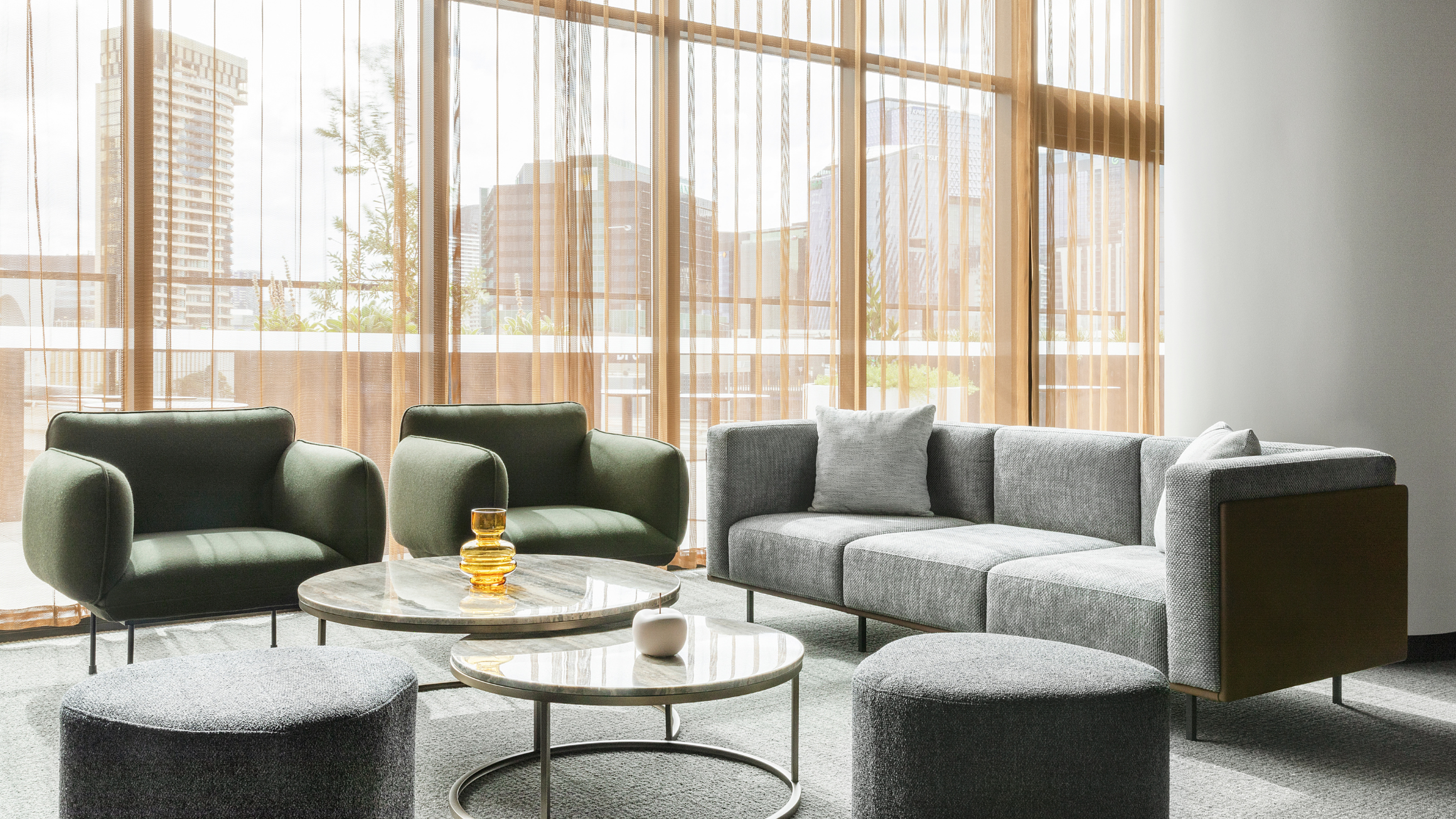 Oakwood interior shot, in the lounge area. Image of seating, tables and floor to ceiling windows 