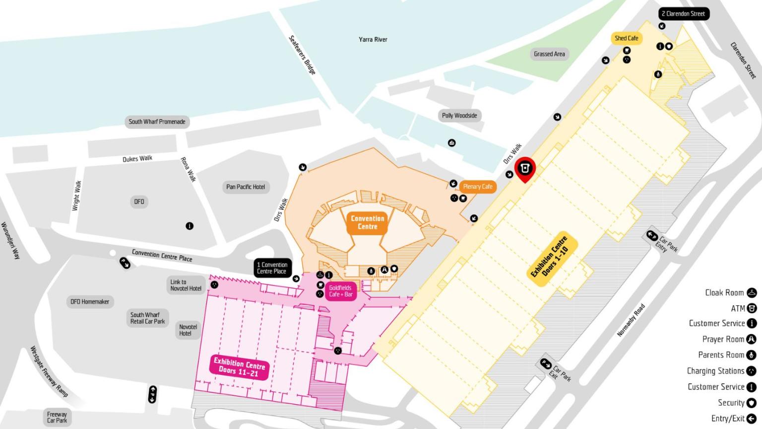 Floor plan of MCEC with a pin point highlighting the location of an ATM. 