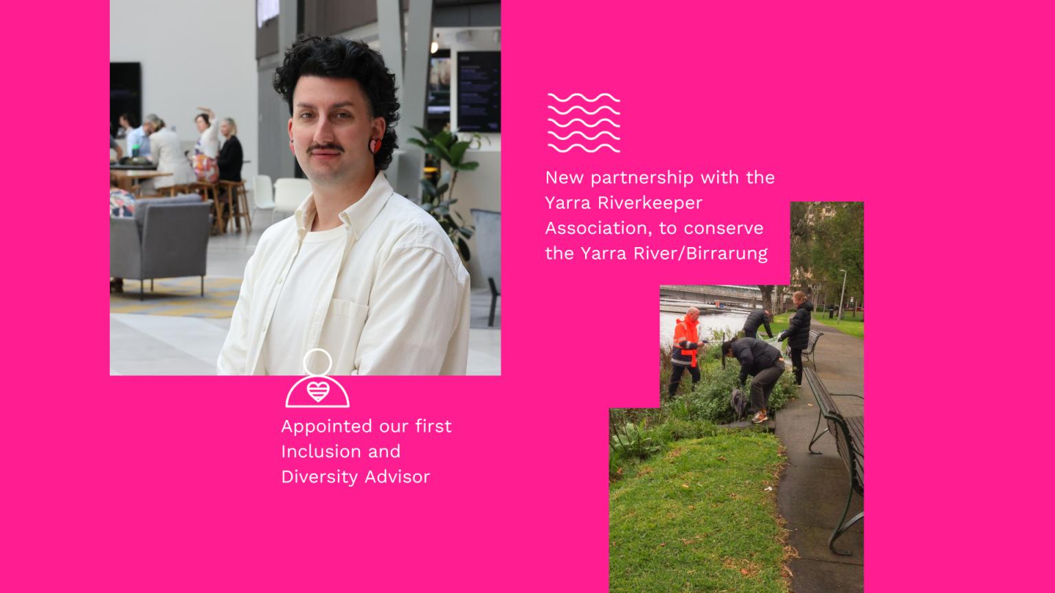 New partnership with the Yarra Riverkeeper Association, to conserve the Yarra River/Birrarung. Appointed our first Inclusion and Diversity Advisor.
