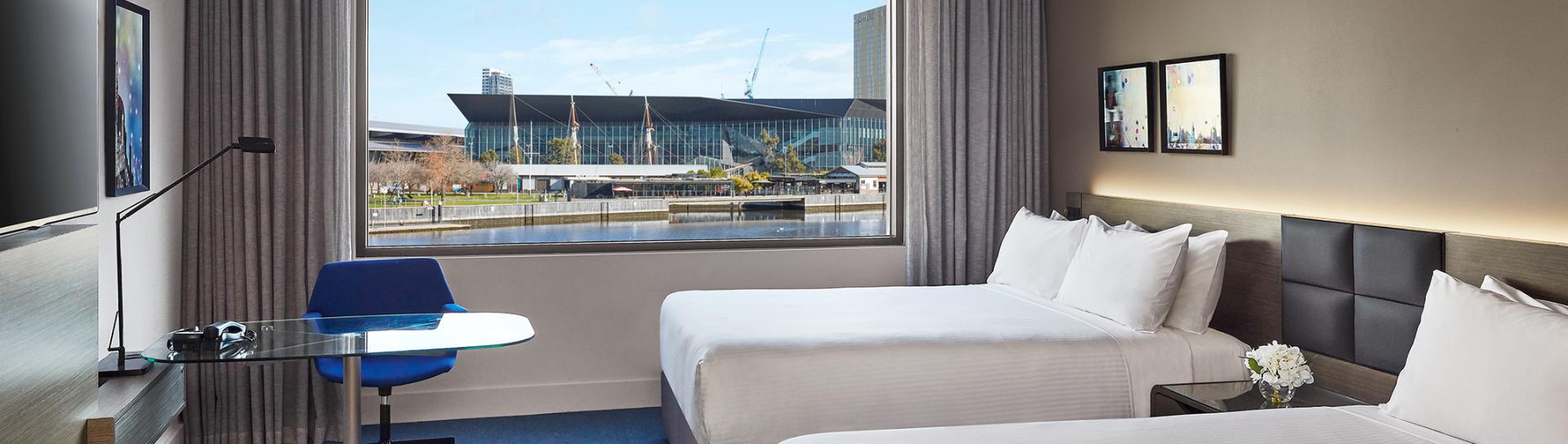 View of MCEC through a window from a hotel room across the Yarra River. 