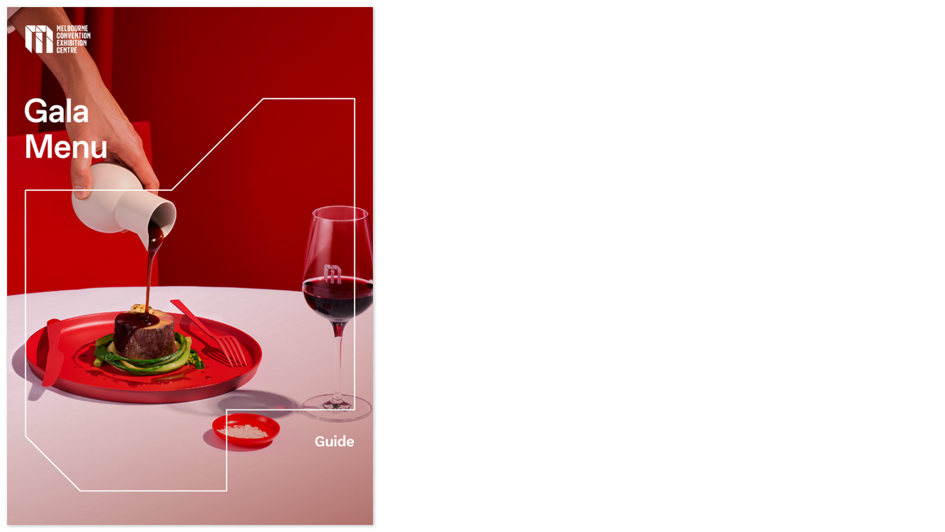 Cover image of the MCEC gala menu. A hand pours a liquid onto a large piece of meat, presented on a red plate. 