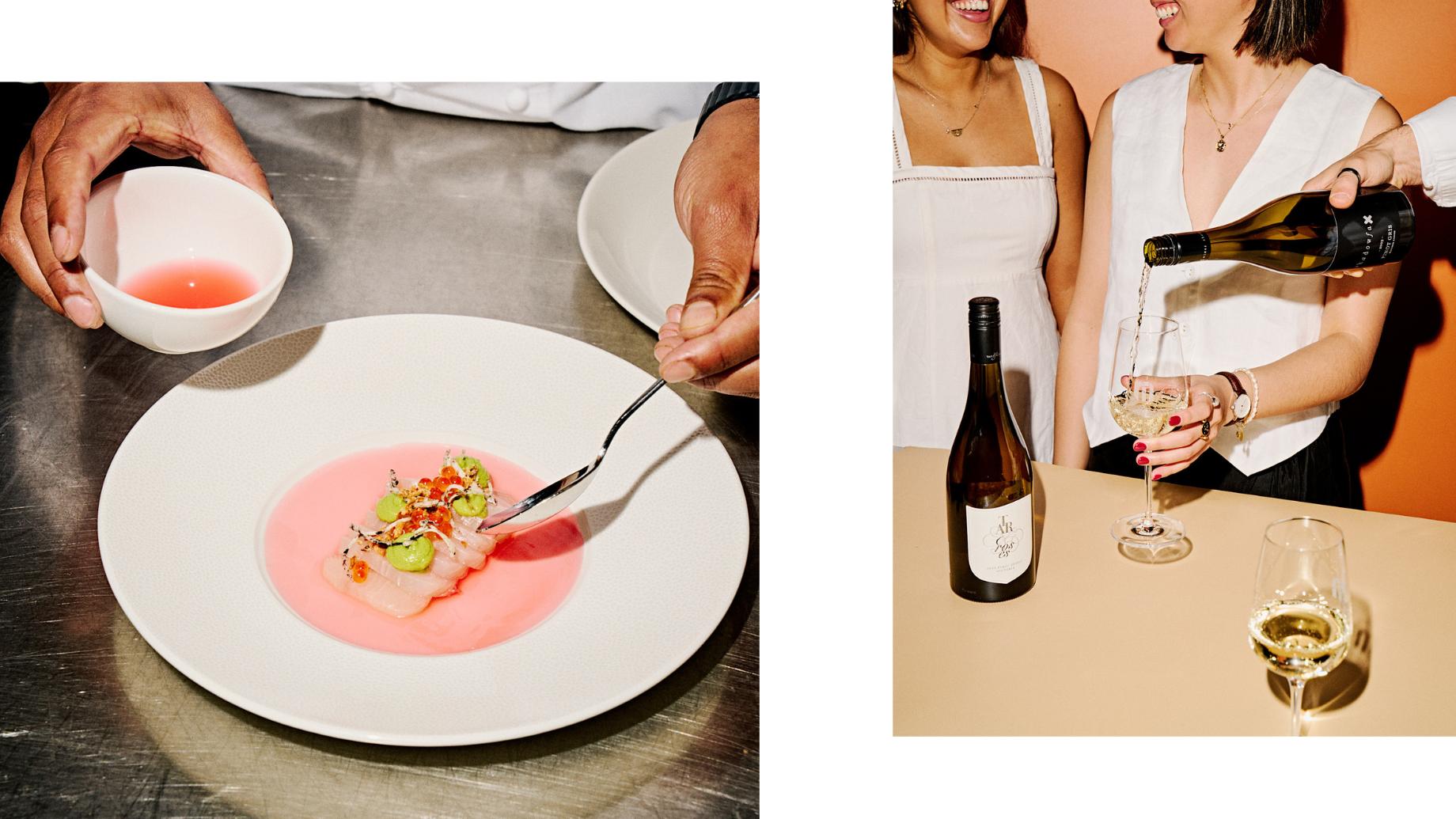 Left: Spencer Gulf kingfish, Davidson plum ponzu, crispy taro, fish floss and Yarra Valley caviar. Right: A glass of wine being poured as another holds the glass. 