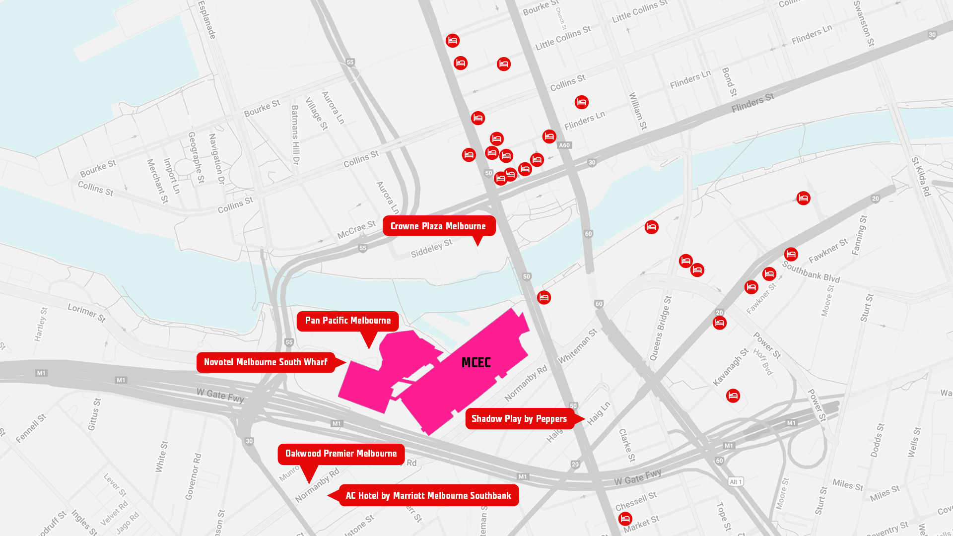 Map of accommodation across the city in Melbourne. 