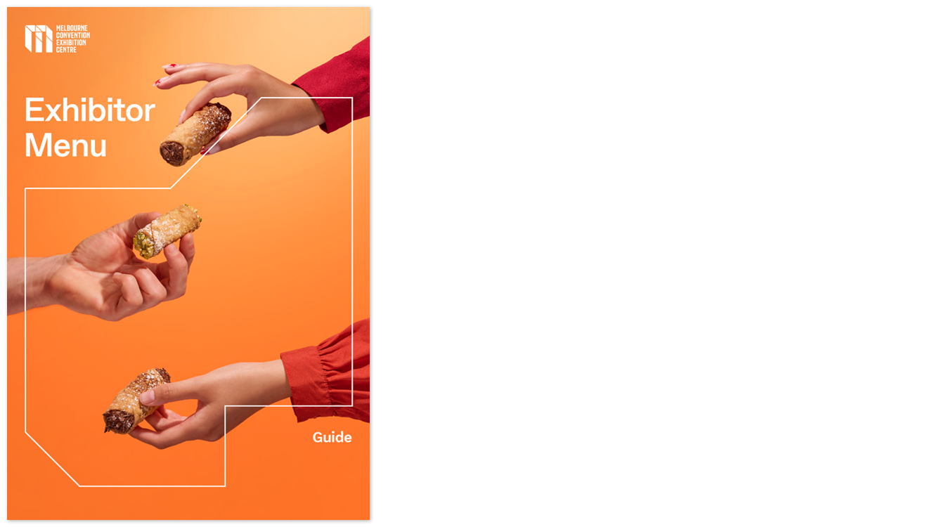 Cover image of the MCEC exhibitor menu. Three hands are each holding a cannoli in front of an orange background. 