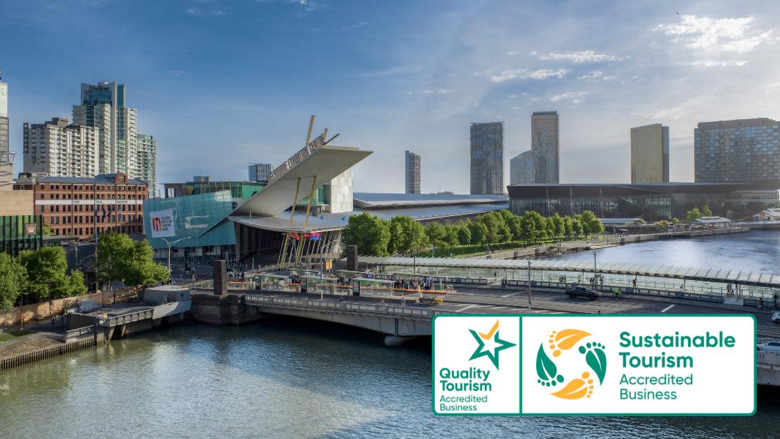 Birds eye view of the Melbourne Convention and Exhibition Centre with the Sustainable Tourism Accredited Business badge overlayed on the bottom right corner of the image. 