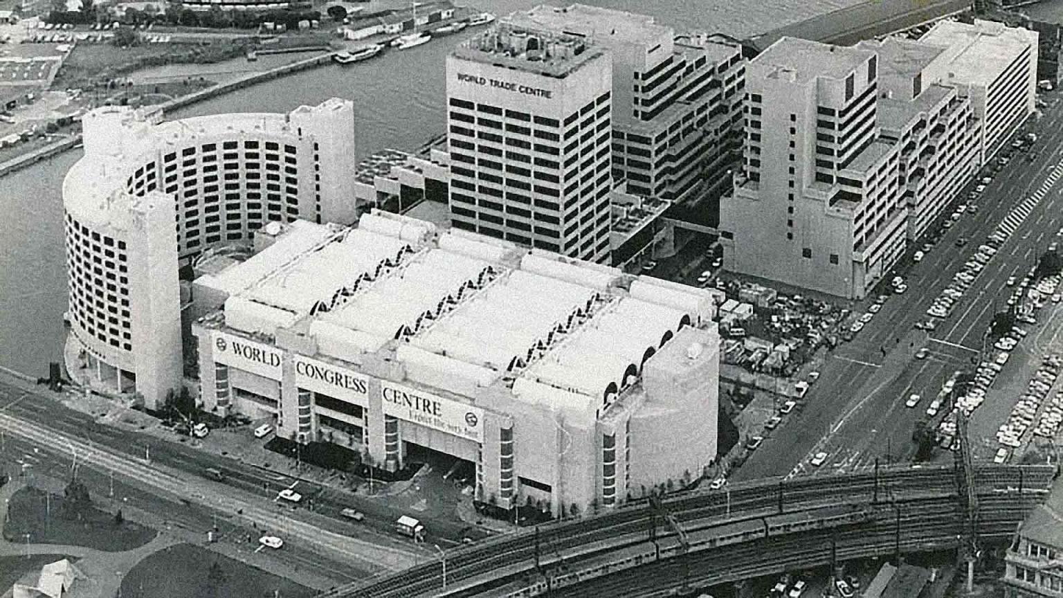Black and white photo of a bird's eye view of the former World Congress Centre Melbourne on Spencer Street in 1990. 