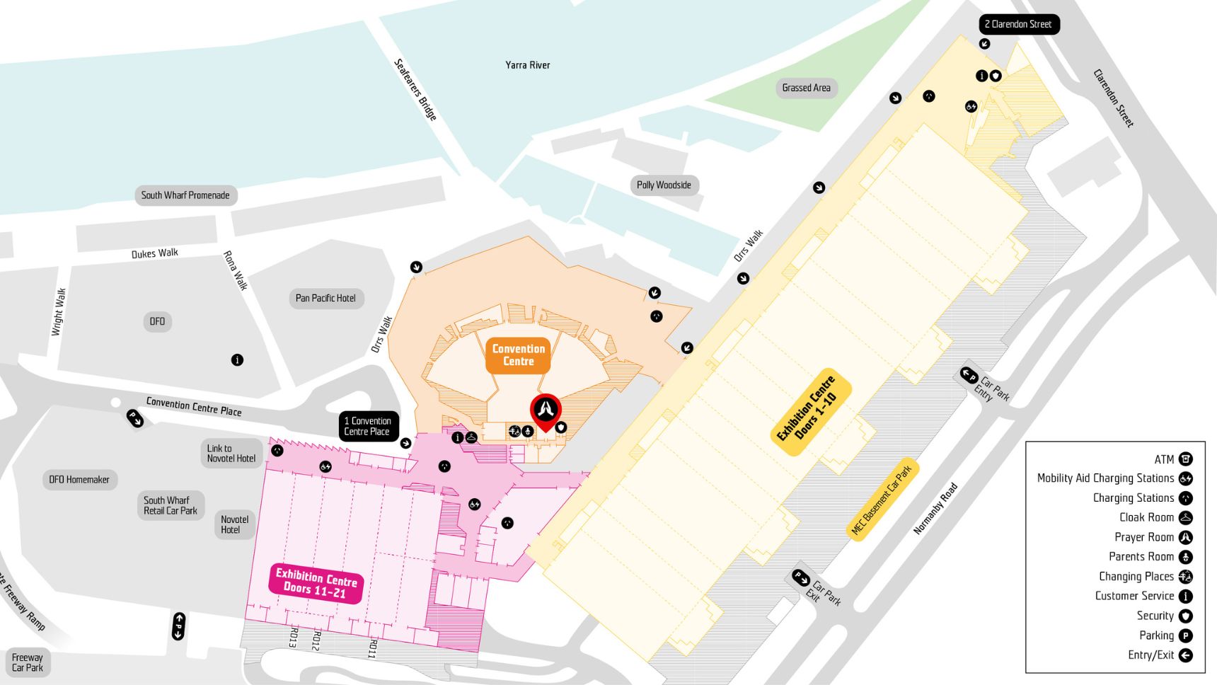 Floor plan of MCEC with a pin point highlighting the location of the prayer room.