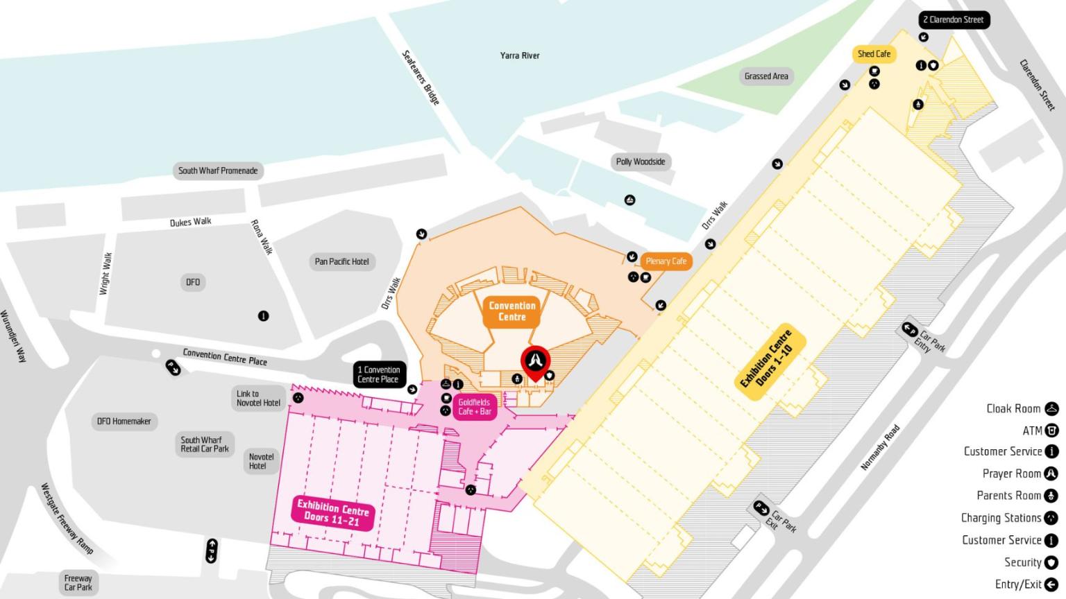 Floor plan of MCEC with a pin point highlighting the location of the prayer room.
