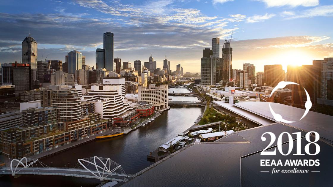 Birds eye view of the Melbourne Convention and Exhibition Centre with the 2018 EEAA Awards for Excellence badge overlayed on the bottom right corner of the image. 