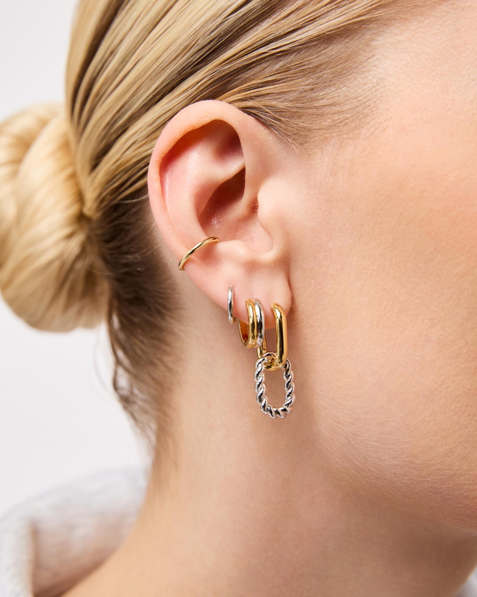 Ash Double Two Tone &  Mini Huggie Hoops Silver & Simple Ear Cuff