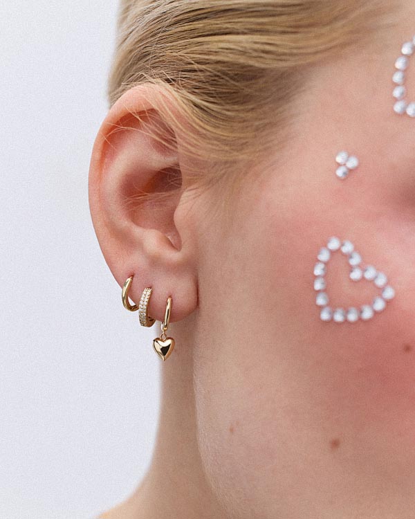 Mini Drop Heart Earrings, Diamond Double Huggie Hoops, Gold Huggie Hoops