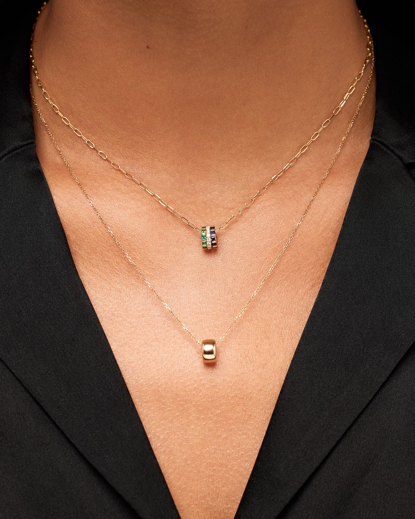 Luna Charm & Gold Paperclip Necklace, Diamond Zeno Charm, Blue Sapphire Zeno Charm, Emerald Zeno Charm