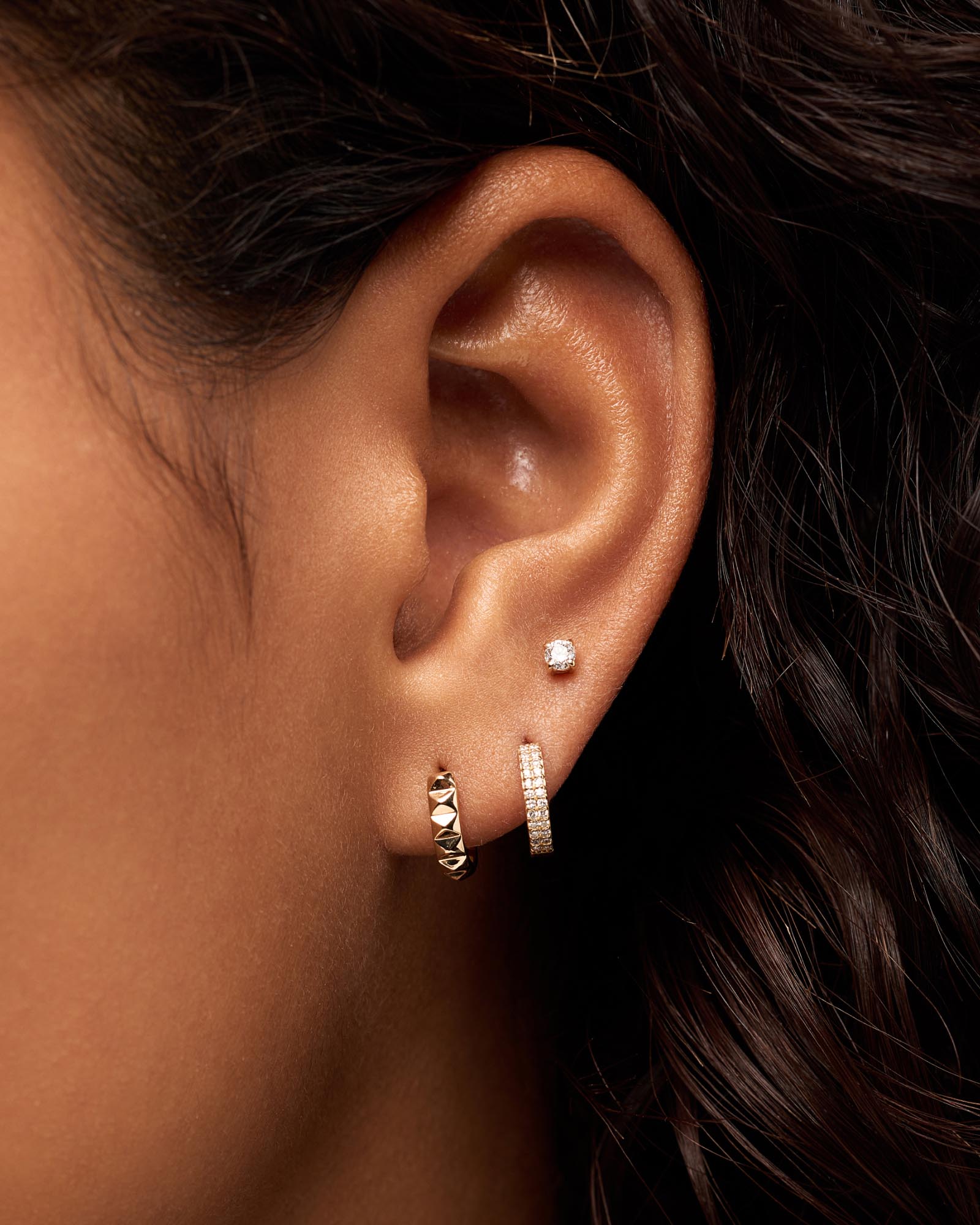 Pyramide Huggie Hoops & Double Diamond Huggie Hoops, Mini Diamond Stud