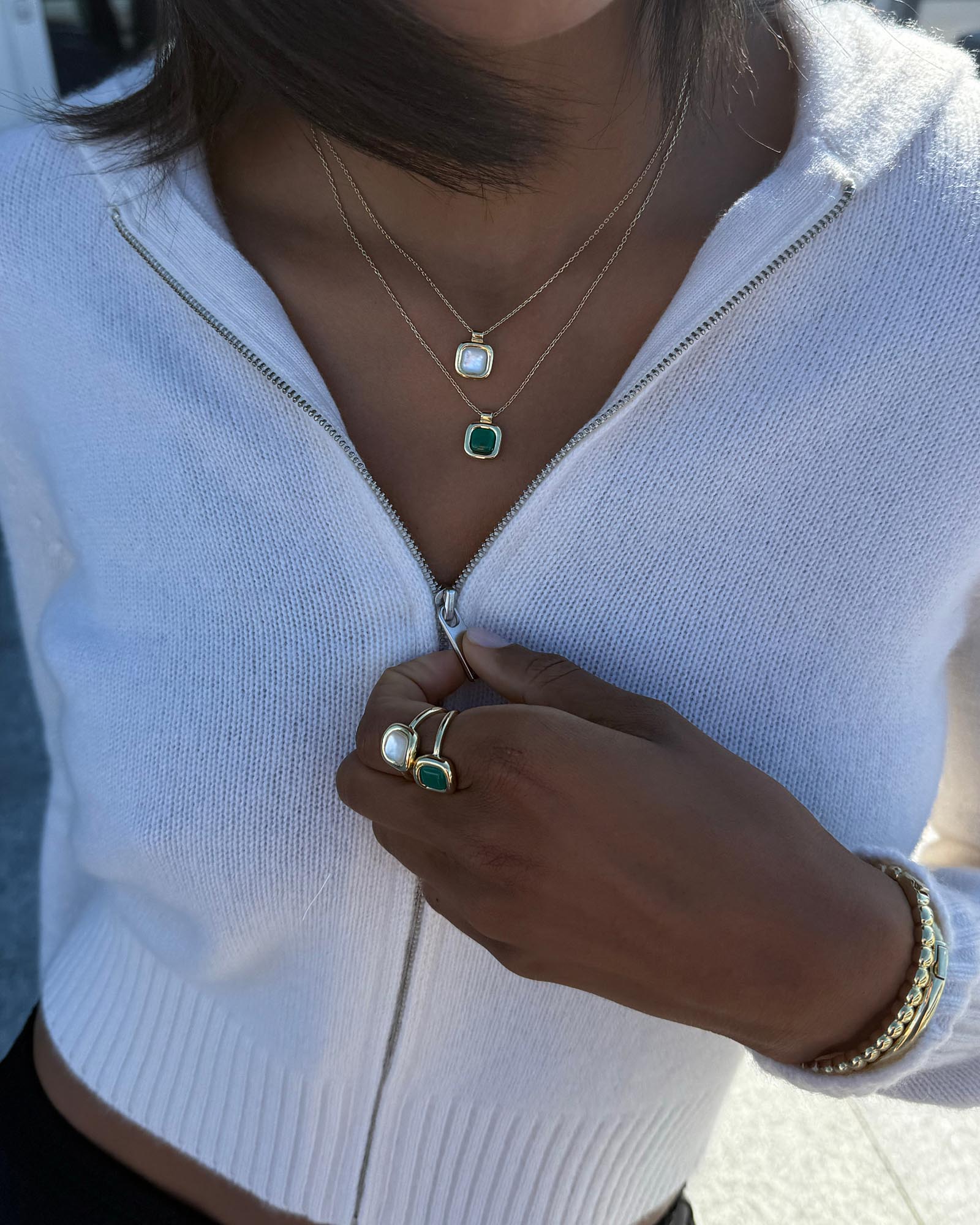 Clara Rig Green Onyx & Clara Pendant Mother of Pearl/ Green Onyx, Clara Ring Mother of Pearl, Clarissa