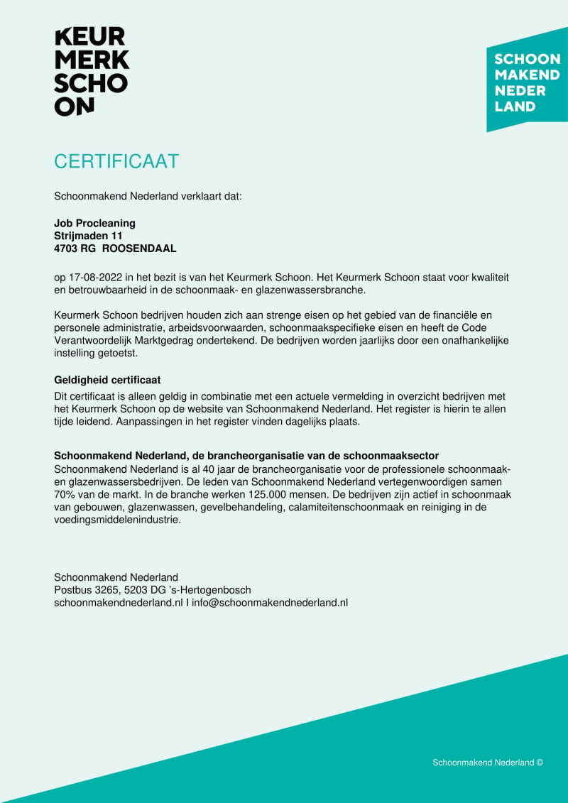 Keurmerk Schoon Certificaat JP - 170822-1