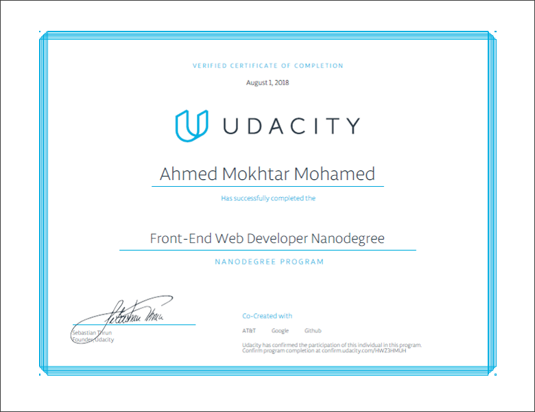 Udacity Front End Web Developer Nanodegree Certificate
