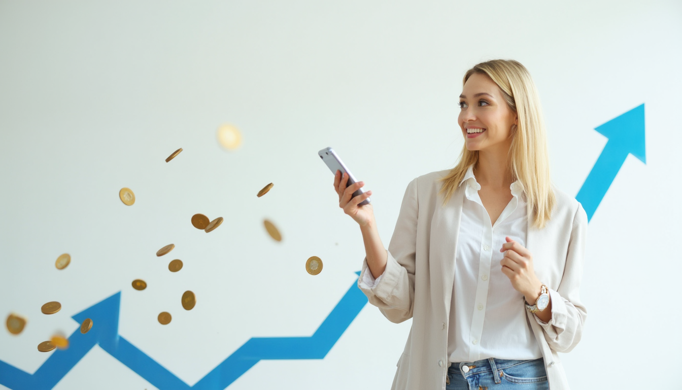 A blonde woman with a phone in hand, blue arrows with coins falling on an empty copy space background showcasing how cashback make people earn money