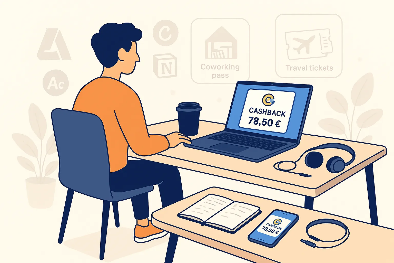 Freelance en coworking regardant son ordinateur portable et recevant une notification de cashback sur son smartphone, avec des factures et un carnet de notes à côté