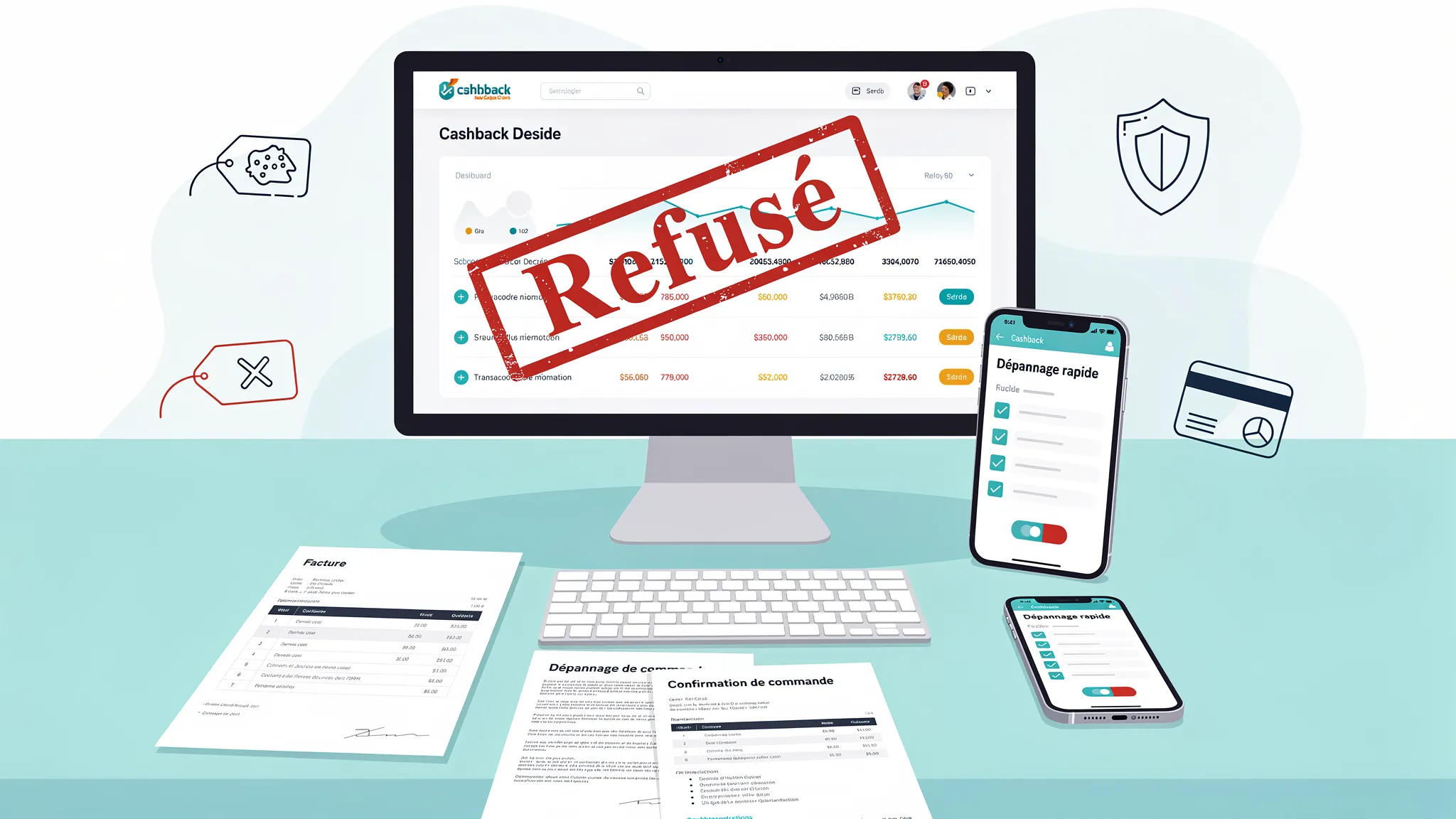Illustration d’un parcours d’achat cashback montrant les étapes (clic via cashback, cookies, paiement, validation) et un panneau « Refusé » indiquant les points de rupture possibles (adblock, code promo, PayPal).