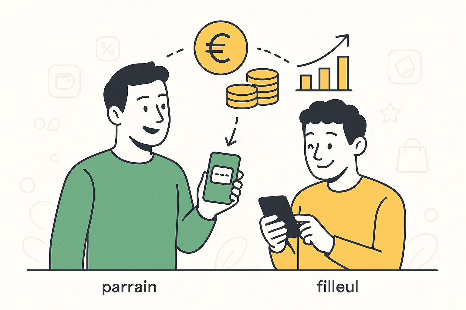 Smartphone affichant une invitation de parrainage sur une application de cashback, deux personnes échangeant un code et un graphique montrant la croissance des gains.