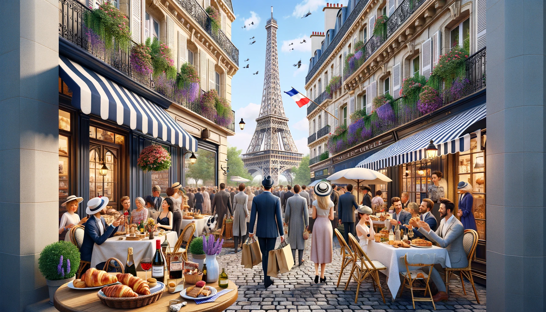 Une illustration d'une rue de Paris où des personnes profitent en terrasse de nourriture typiquement française.