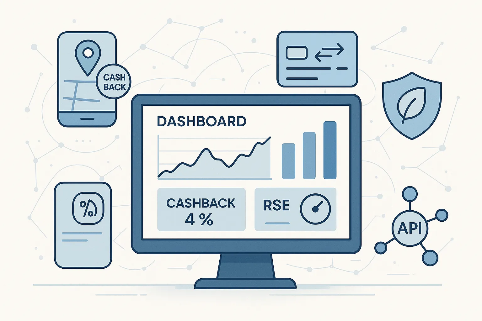 Mockup de l'interface Best Cashback montrant la roadmap 2026 : carte mobile avec commerçants géolocalisés, graphique d'évolution des gains et liste de fonctionnalités à venir.
