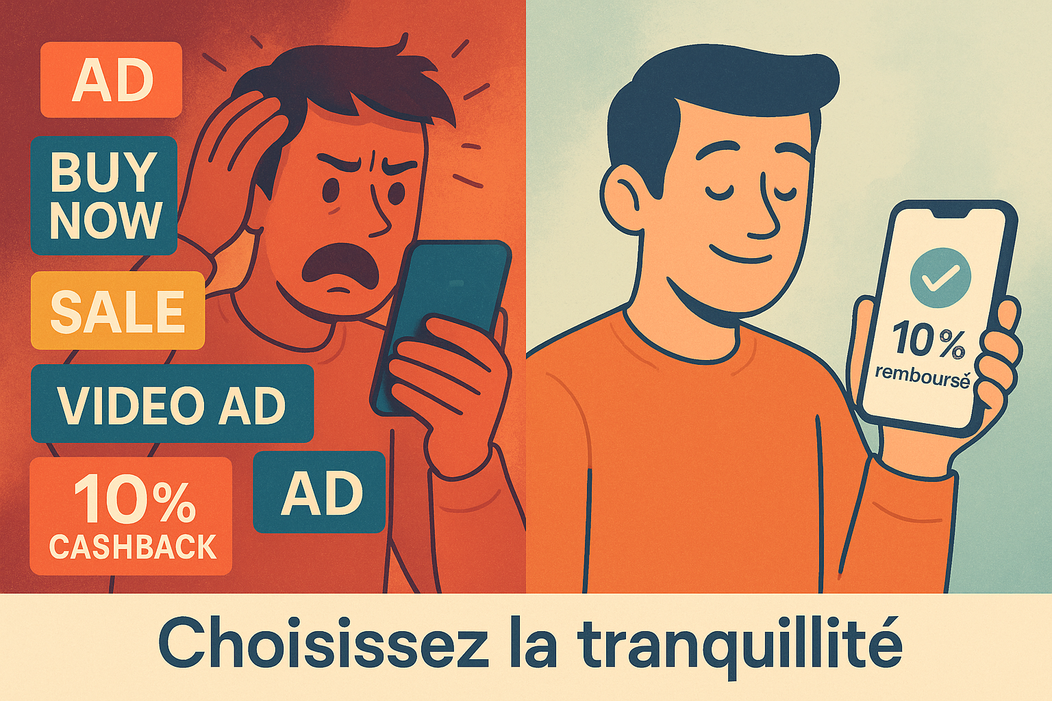 Un utilisateur compare plusieurs applis de cashback sur son smartphone, deux écrans visibles : l’un rempli de pop-ups colorés, l’autre épuré avec un simple taux de 10 % affiché. La légende « choisissez la tranquillité » apparaît en bas.