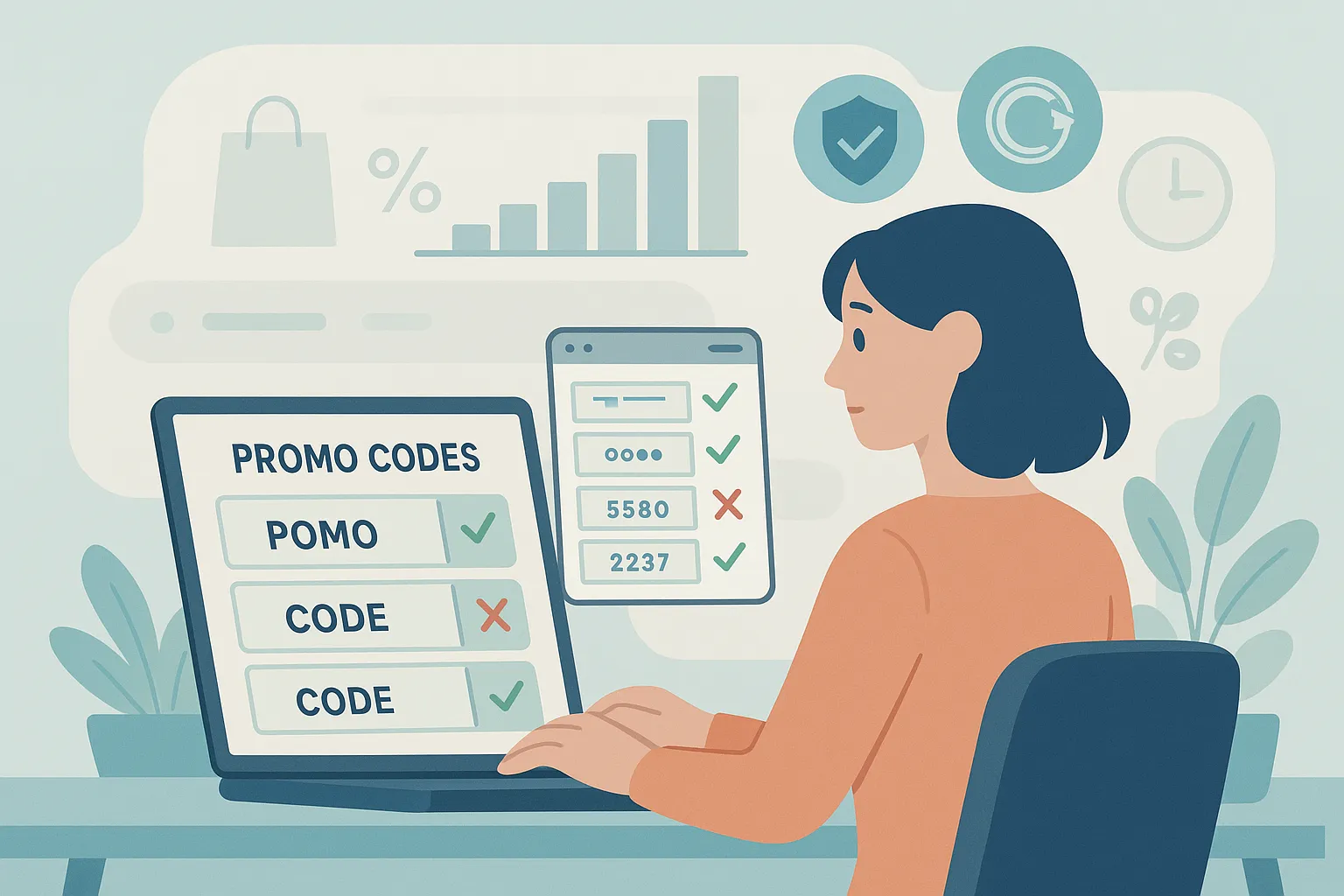Femme sur ordinateur portable avec une extension de coupons visible ; écran montrant un tableau comparatif de plateformes promo et un graphique du taux de succès 2025