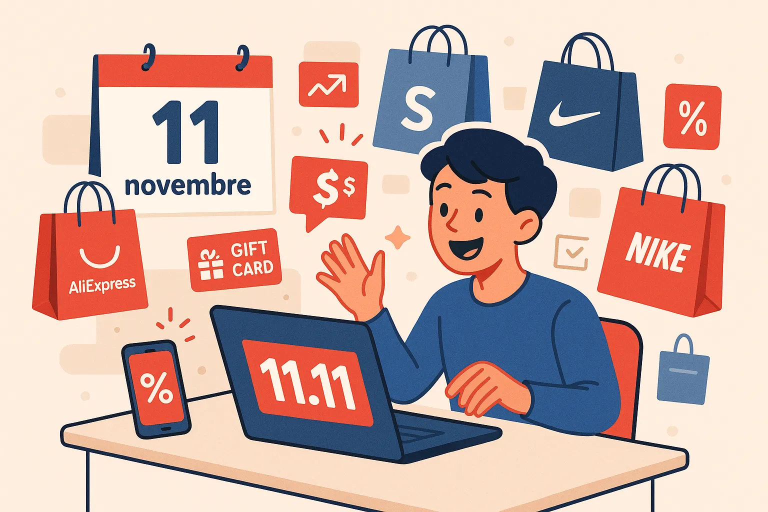 Calendrier marqué 11 novembre avec un panier d'achat en ligne, étiquettes de réduction et icônes d'applications de cashback affichant des pourcentages de remise