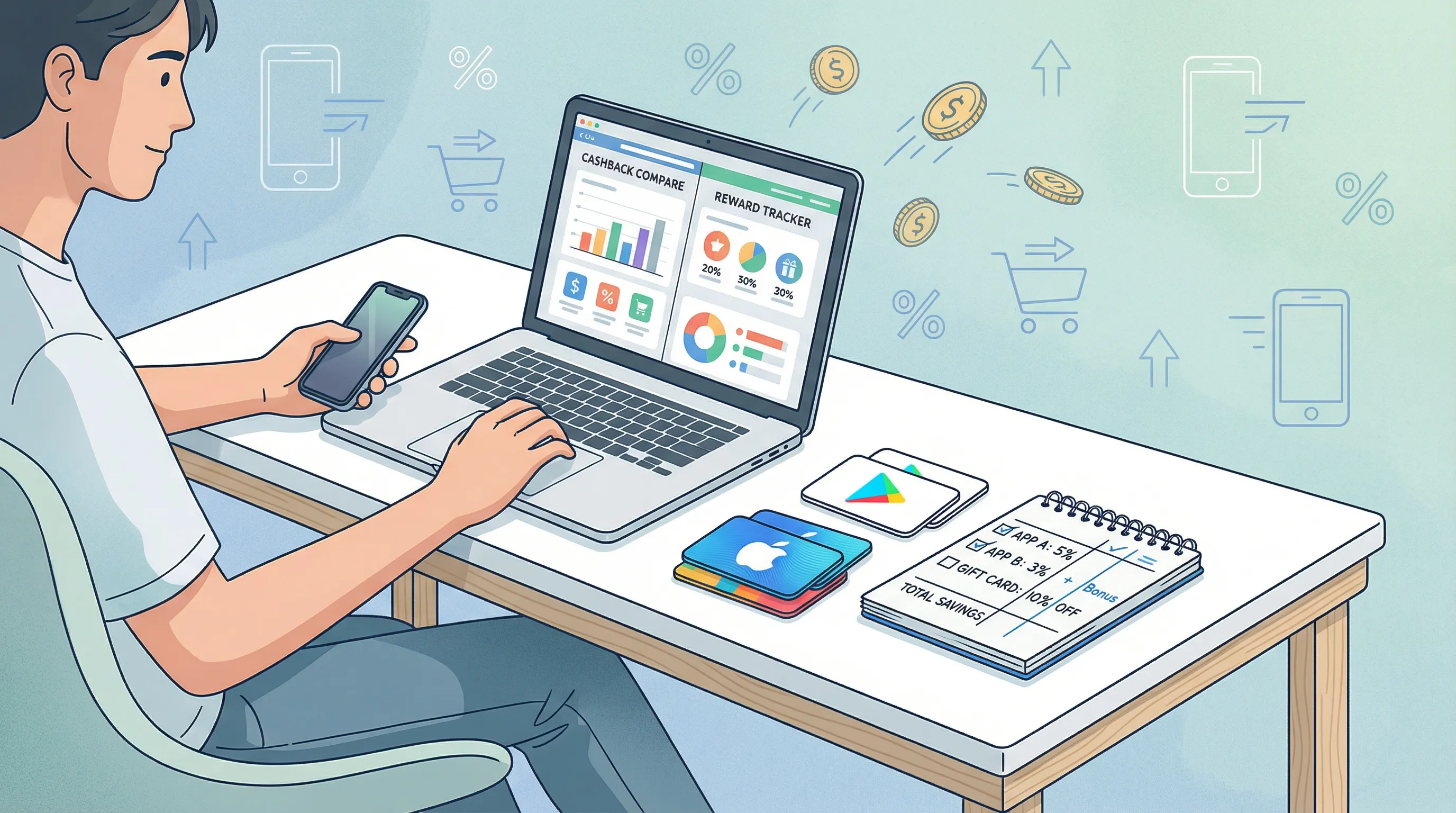 Utilisateur comparant des offres de cashback sur smartphone et ordinateur, avec des cartes cadeaux Apple et Google Play visibles, illustrant l’achat de crédit store via un revendeur éligible au cashback.