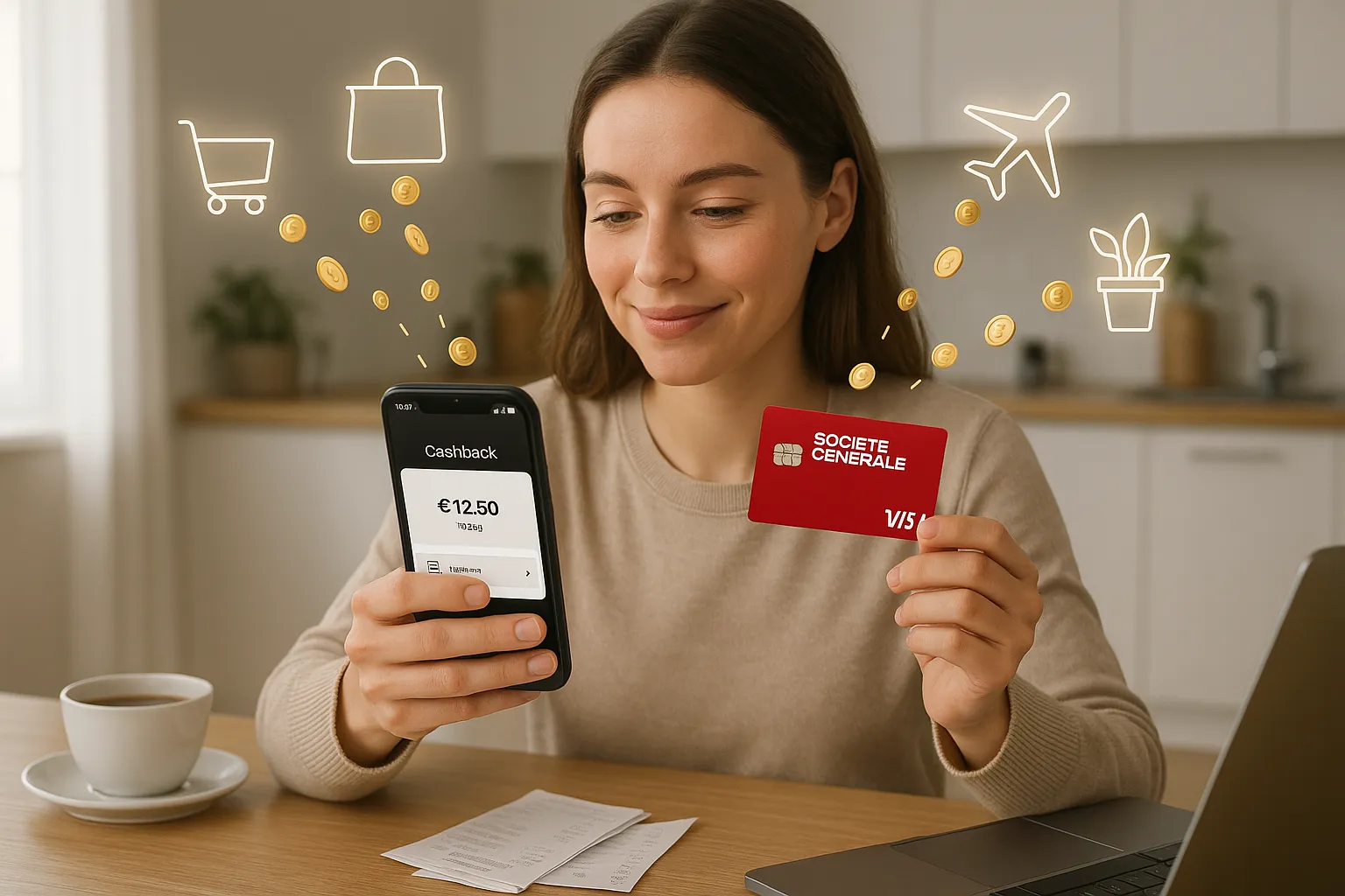 Une jeune femme consulte l'application Société Générale sur son smartphone, carte Visa rouge à la main, avec des pictogrammes d'enseignes et des pièces symbolisant le cashback automatique.