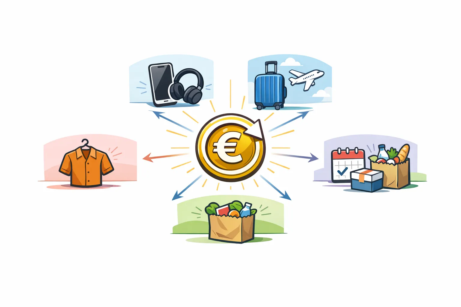 Infographie présentant 5 études de cas : courbes et icônes pour mode, high‑tech, voyage, abonnement et courses montrant l’augmentation des ventes grâce au cashback