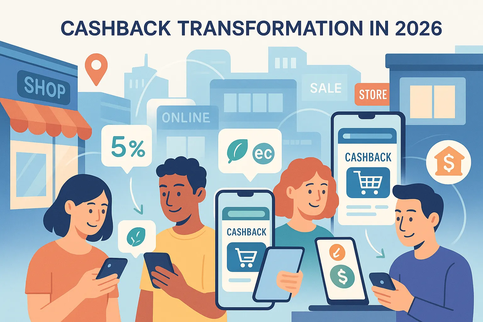 Un jeune couple reçoit une notification cashback de 4 % en entrant dans une boutique physique avec localisation précise affichée sur smartphone