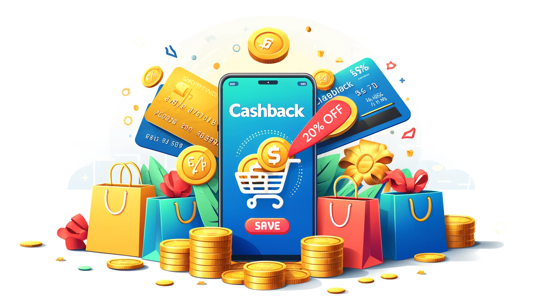 Un smartphone affichant "Cashback" en titre d'écran et entouré de sacs de shoping et de cartes de crédits illustrant de nombreuses réductions.
