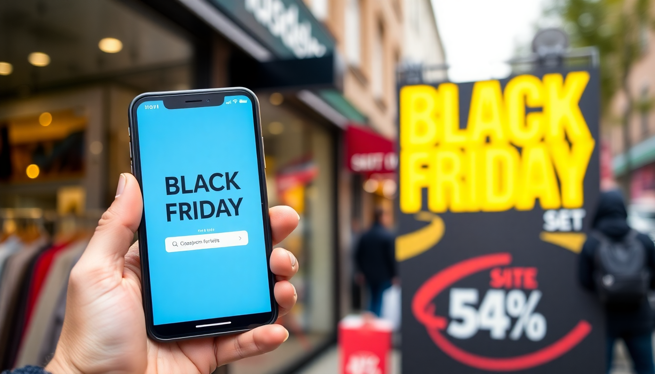 Photo d'une rue pleines de clients qui font la queue pour un magasin durant les promotions du Black Friday.