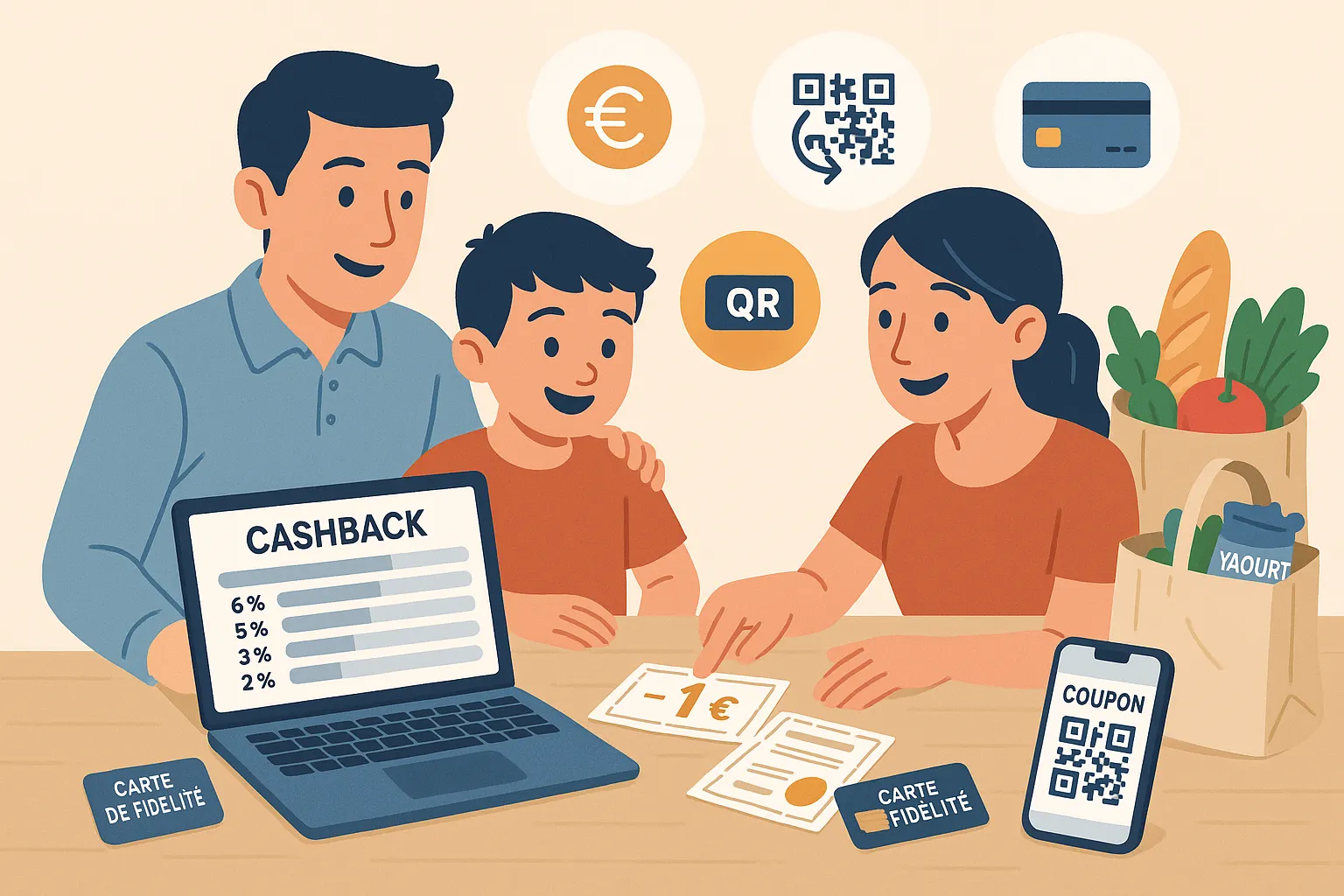 Client scannant un e‑coupon sur son smartphone devant un rayon de supermarché, panier de courses en arrière‑plan