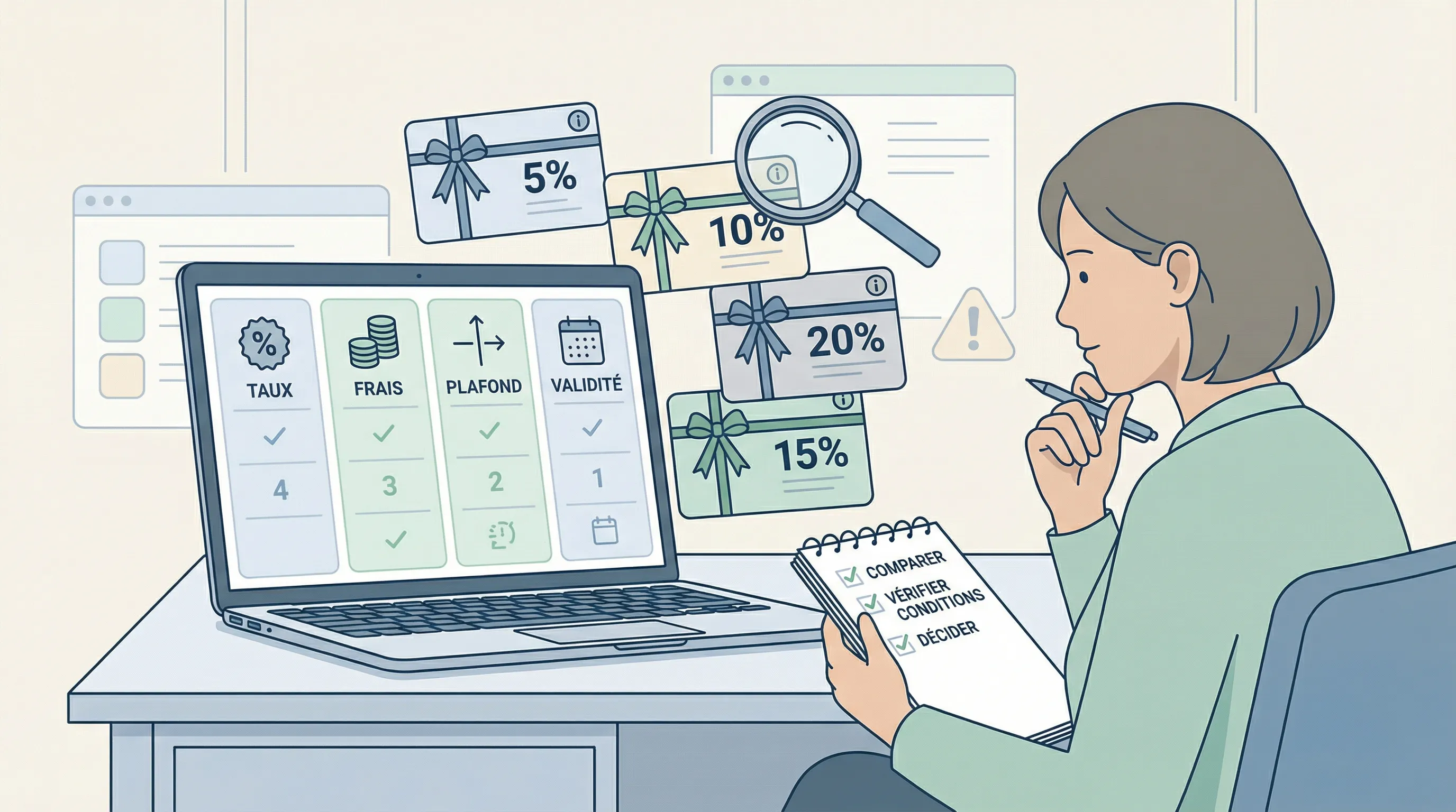 Personne tenant un smartphone comparant plusieurs offres de cartes cadeaux et de cashback, avec un tableau de conditions (plafond, frais, validité) visible à l’écran — illustration de la vérification des faux bons plans.