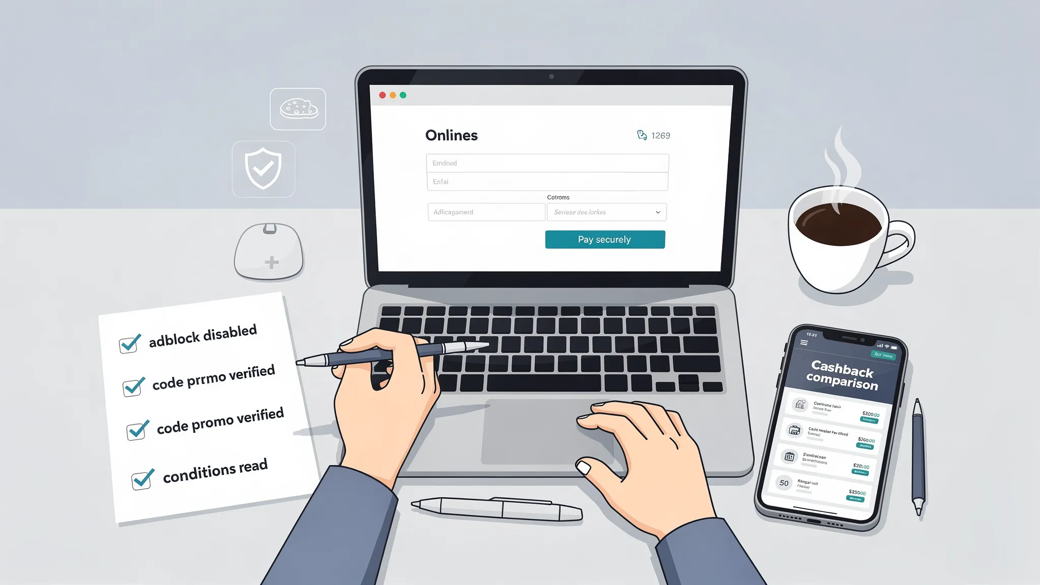 Checklist imprimable « Tracking cashback » posée sur un bureau à côté d’un ordinateur affichant une page panier, avec des cases cochées « adblock désactivé », « code promo vérifié », « conditions lues » et un smartphone montrant un comparateur de cashback.