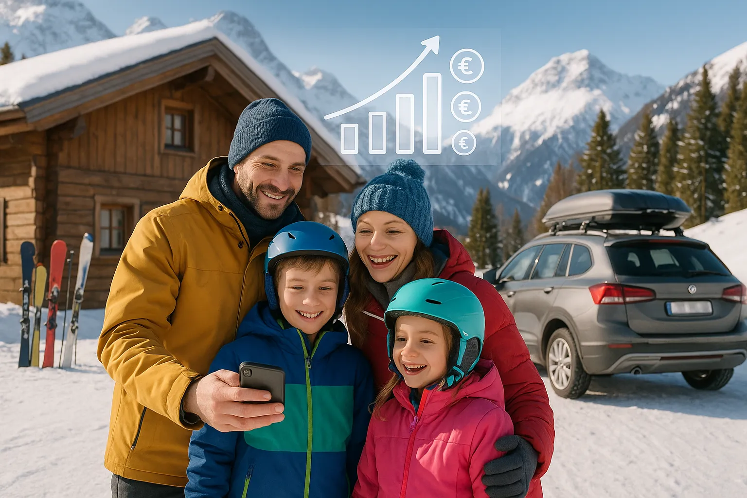 Une famille consulte son smartphone devant un chalet enneigé, un graphique de cashback montant en flèche apparaît au-dessus d’eux, symbolisant l’early booking.