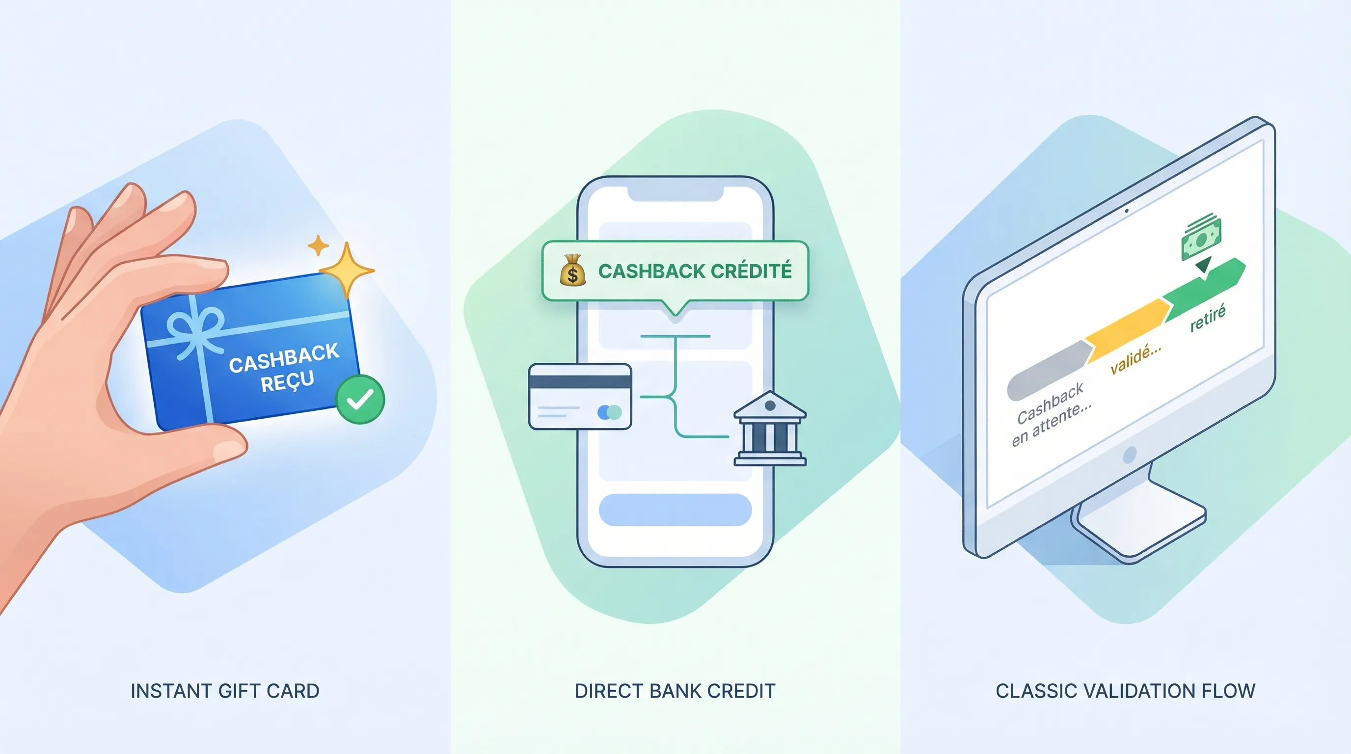 Comparateur de cashback sur smartphone et ordinateur montrant taux, options de retrait et icônes de cartes cadeaux — illustration de retraits rapides et options de paiement