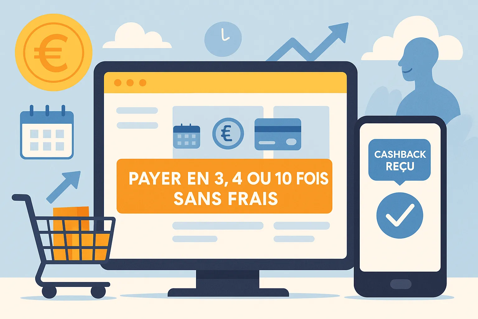 Écran d’ordinateur affichant un panier e‑commerce avec l’option « Payer en 4 fois sans frais », souris pointée sur l’option et colis en arrière‑plan