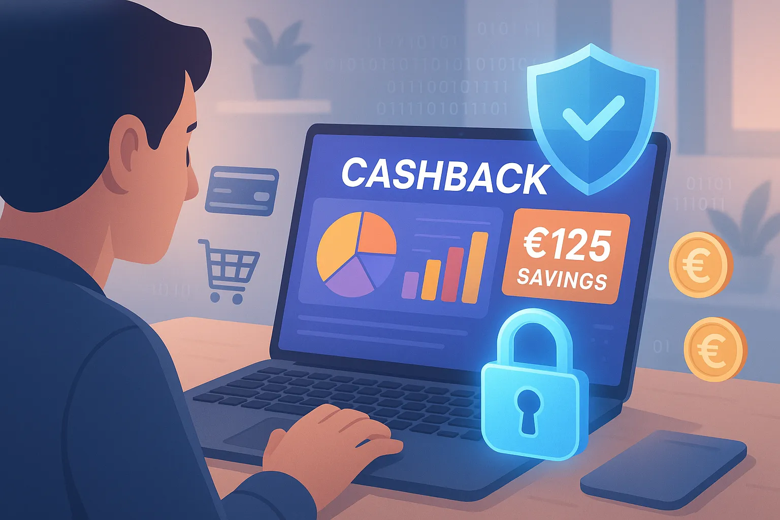 Consommateur analysant un tableau de bord de cashback sur ordinateur portable avec un bouclier numérique symbolisant la protection des données personnelles