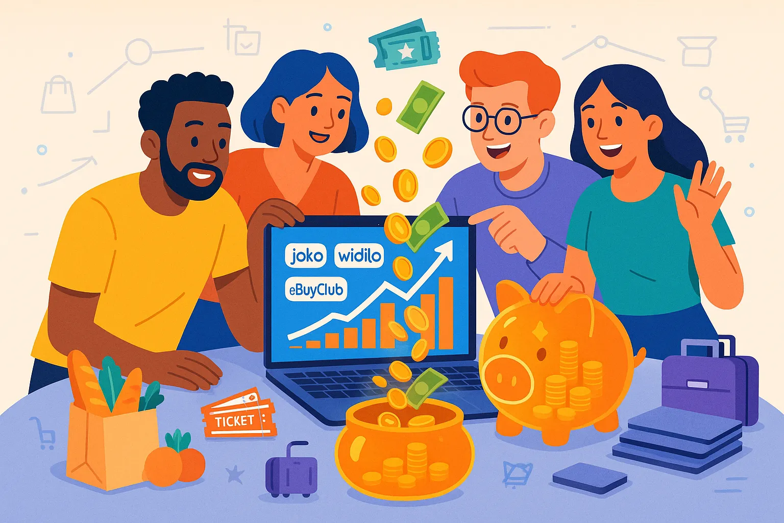 Illustration montrant un groupe de quatre amis partageant un écran avec logos d’applications de cashback, pièces tombant dans une cagnotte virtuelle et graphique de pourcentage en hausse symbolisant l’économie collective grâce aux achats groupés