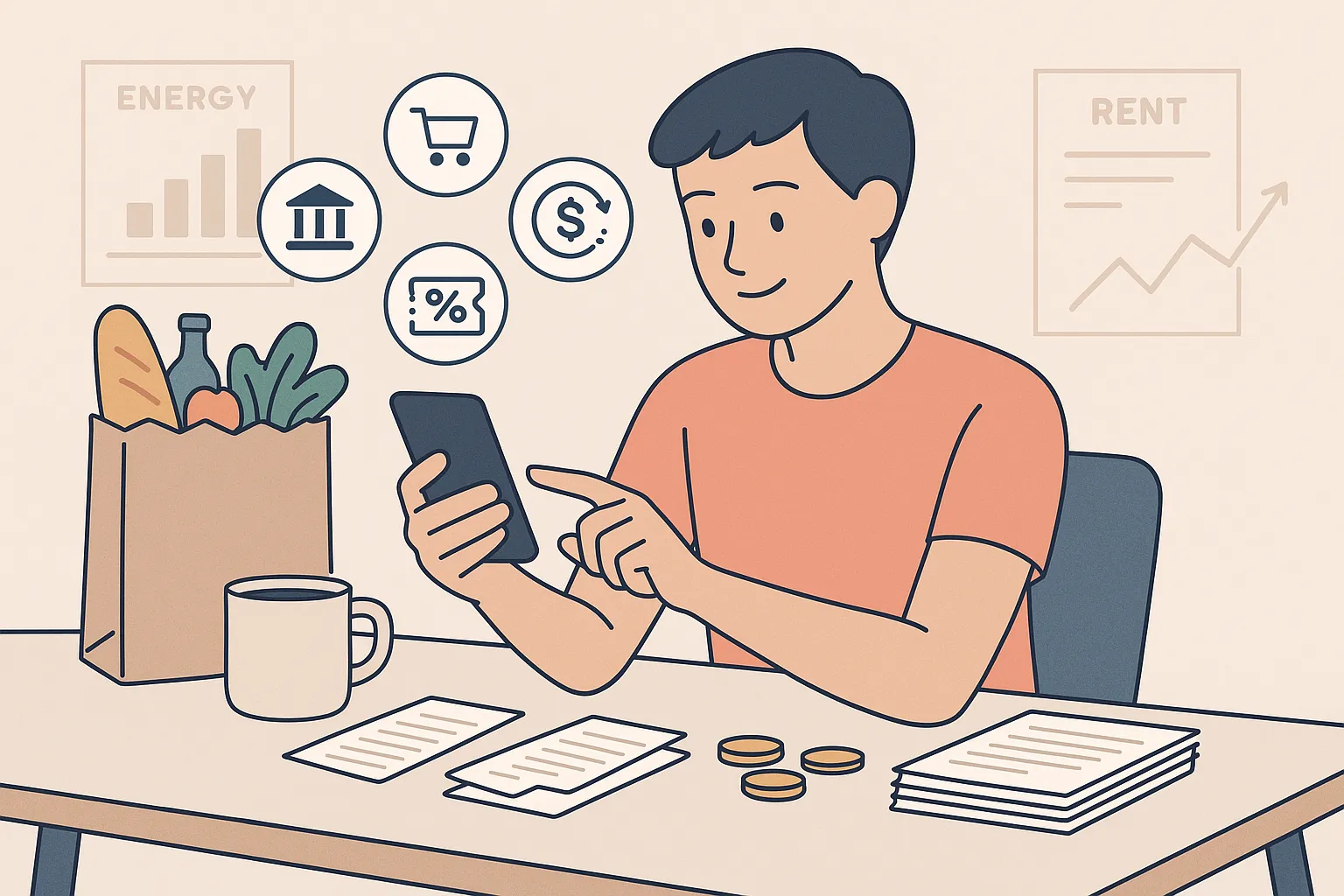 Smartphone affichant plusieurs applications d'économie (gestion de budget, coupons, cashback) posé sur une table avec reçus et un panier de courses flou en arrière-plan