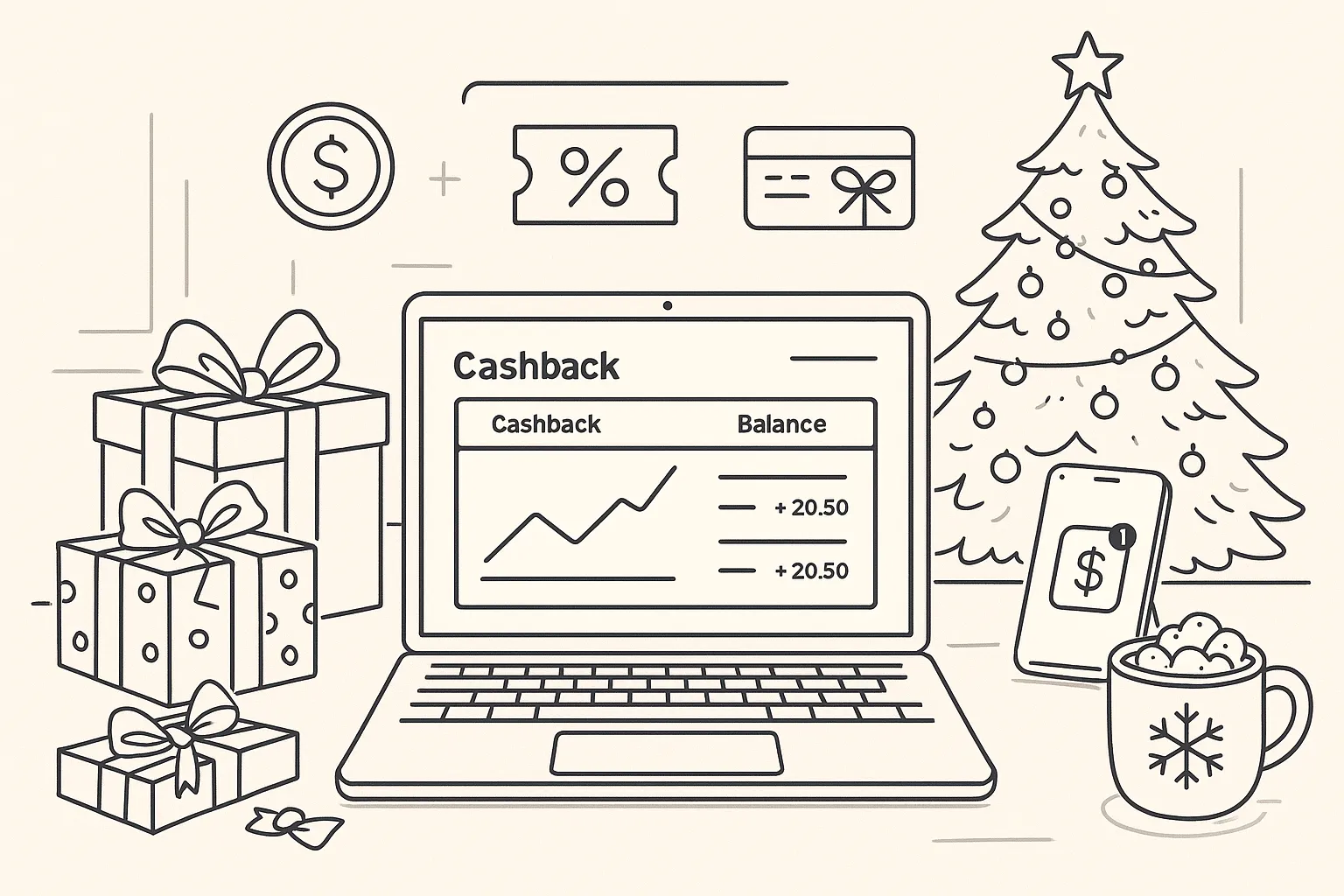 Vue rapprochée d’un écran d’ordinateur affichant un tableau de suivi de cagnotte cashback devant un sapin de Noël décoré, des paquets cadeaux ouverts et une main féminine saisissant une carte bancaire, ambiance soirée d’hiver