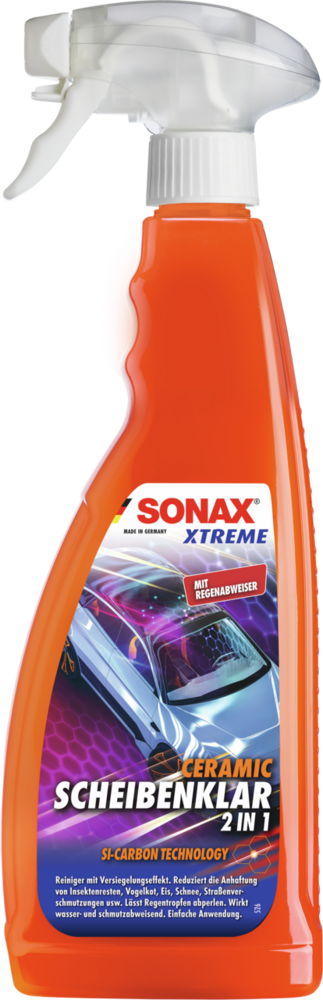 „Sonax Xtreme Ceramic Scheibenklar 2 in 1“ vereint erstmals die streifenfreie Glasreinigung mit einem Versiegelungseffekt.