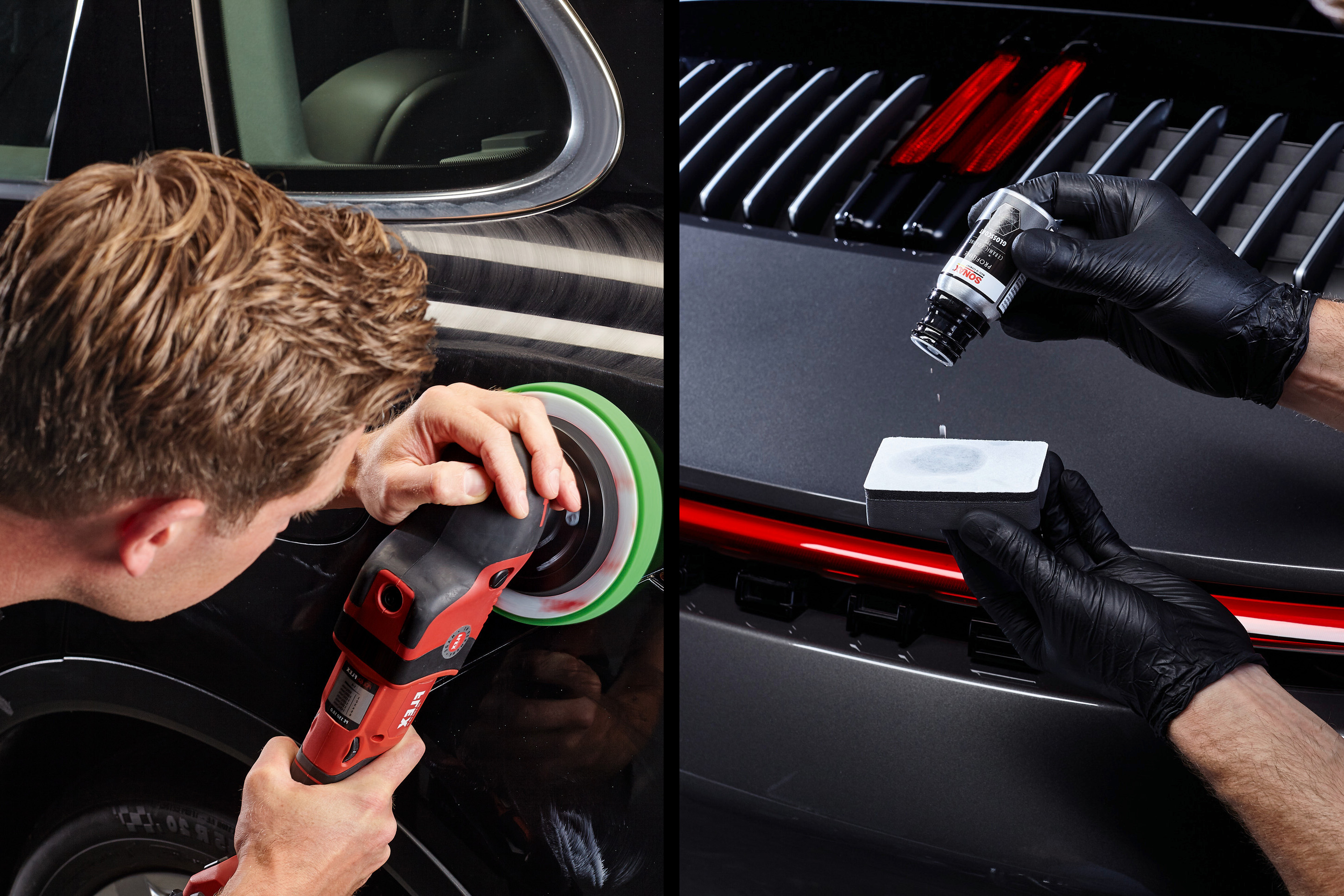 Bild 1: Mann poliert Auto mit Maschine. Bild 2: Mann tropft  PROFILINE Ceramic Coating CC Evo auf Applikator.

