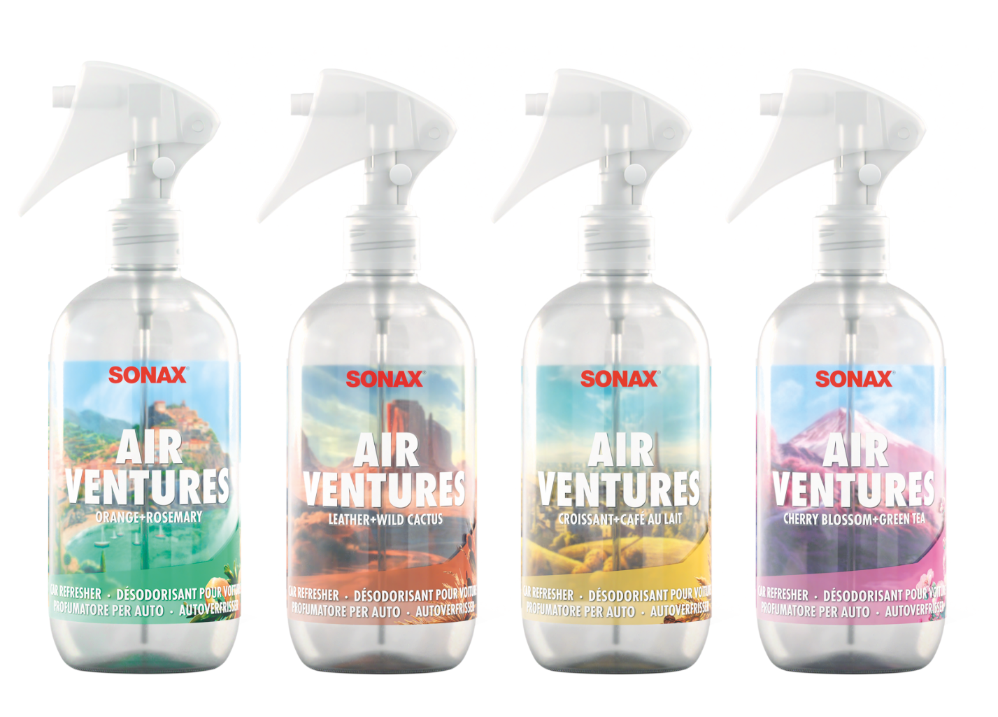 Die vier Sonax AirVenture Varianten "Orange-Rosemary," "Wild Leather-Cactus," "Café au Lait-Croissant" und "Cherryblossom-Green Tea."