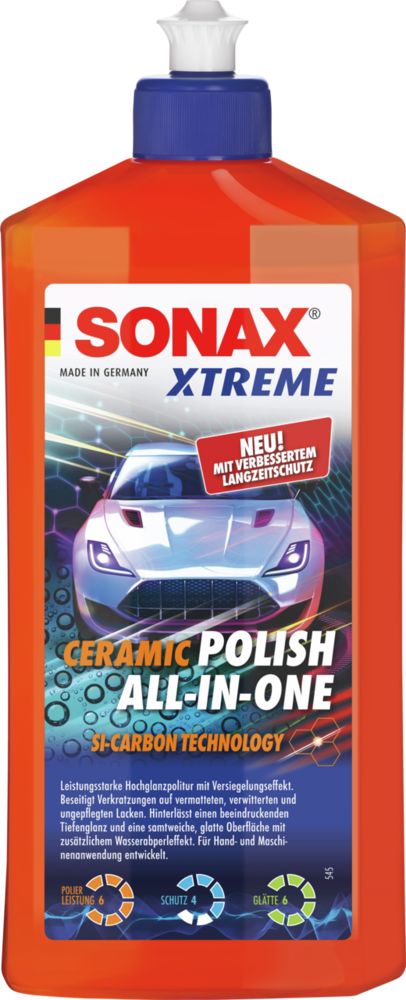Die orange Flasche von SONAX XTREME Ceramic Polish All-in-One.